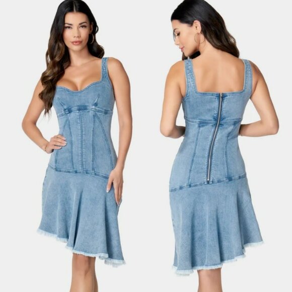 Bebe Assymetric Hem Fitted Denim Dress, Size 0 - Picture 1 of 4